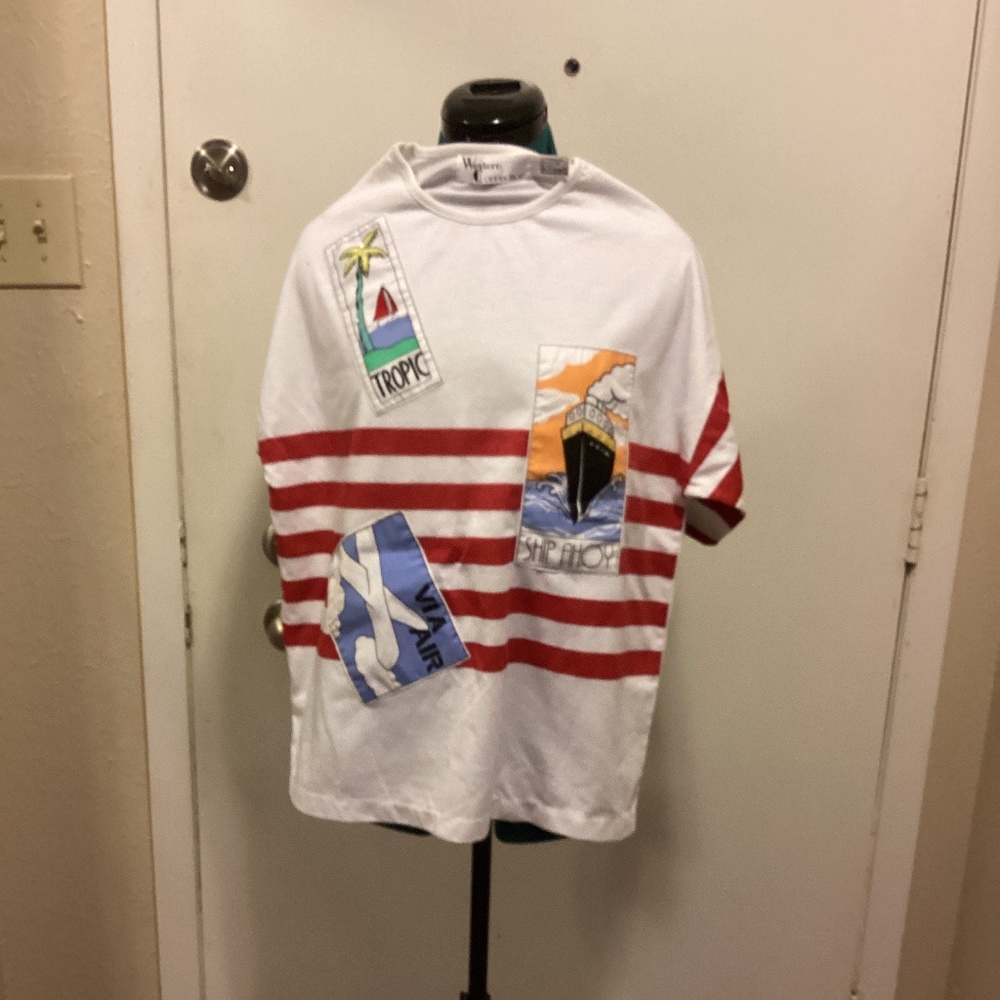 Womens large Vacation T-Shirt w/beading White with Red stripes